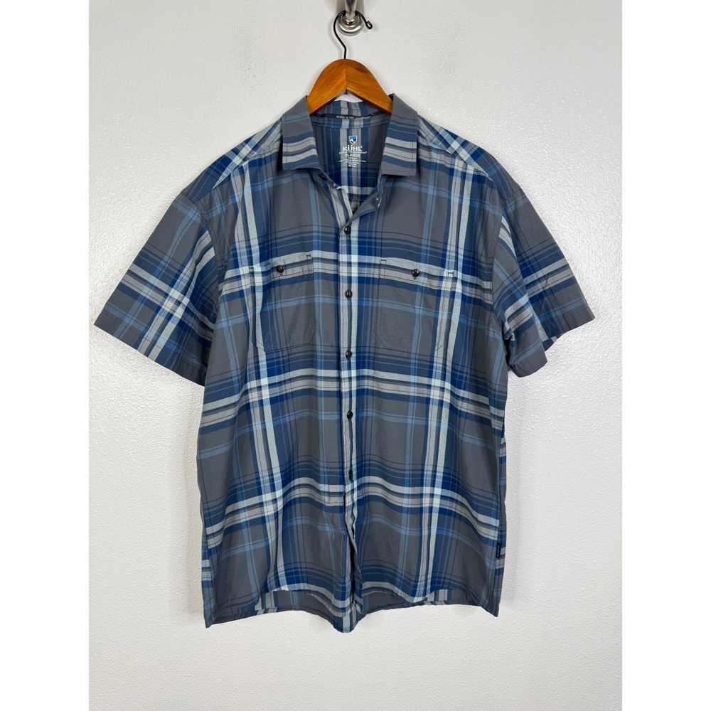 Kuhl Mens XL Tapered Fit Plaid Short Sleeve Button Down Shirt Blue Gray Hiking